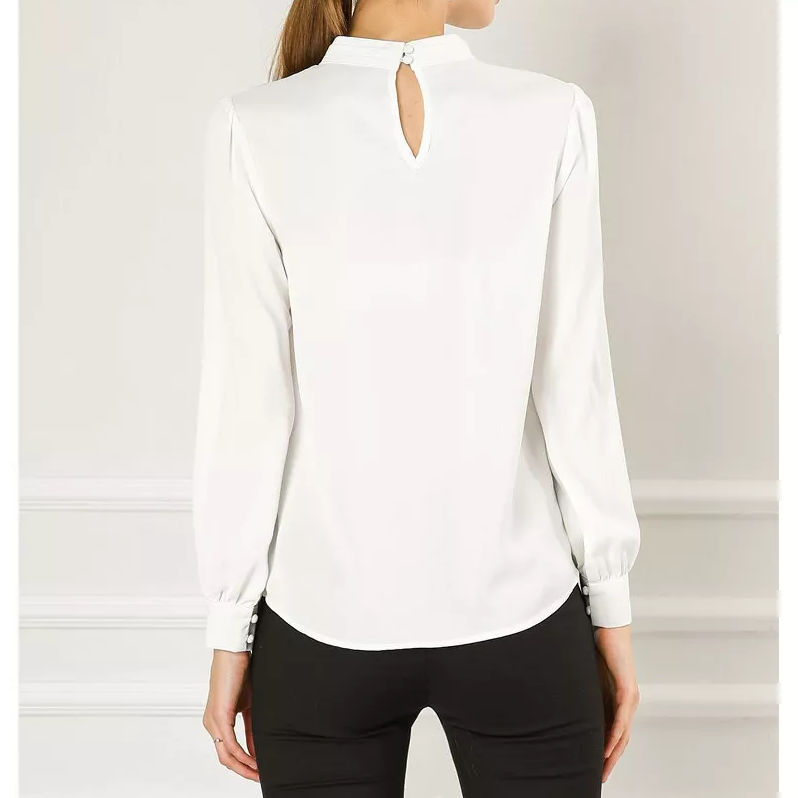 Womens Stand Collar Keyhole Bell Long Sleeve Chiffon Blouse