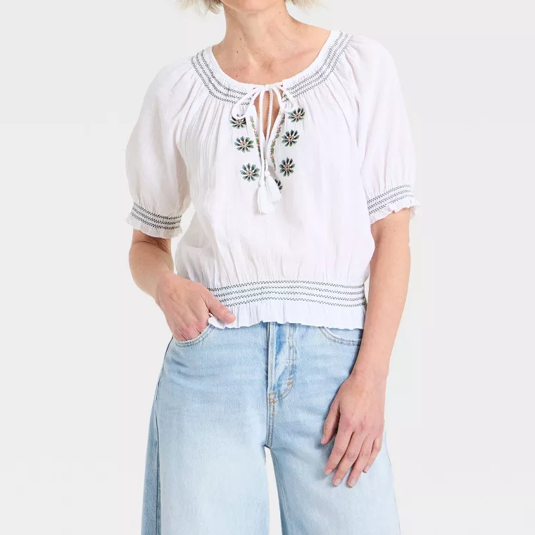 Womens Puff Short Sleeve Embroidered Tie V Neck Woven Blouse